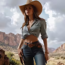 a beautiful woman in a cowboy hat holding a lasso