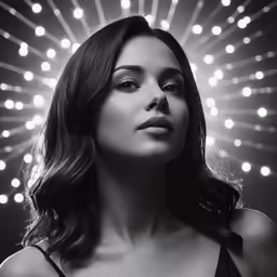 a woman with long hair wearing a bra top and lighting behind her