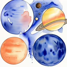 a set of watercolor planets,several planets drawn in blue and orange ink
