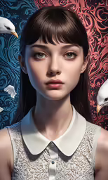 a girl wearing a white shirt and a bird sitting on her shoulder