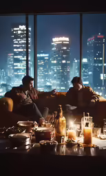 the two guys are talking in the living room with a view of the city