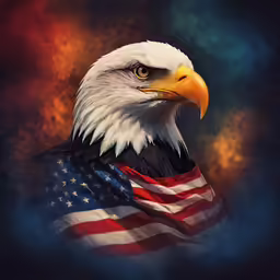 an eagle with a flag on its chest