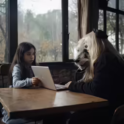 two people, one on an ipad and one with a dog head on her face