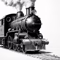 a black and white image of a train that is driving on tracks
