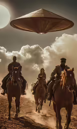 several men riding horses in front of an image of an alien