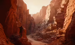 a man climbing down rocks on a narrow path