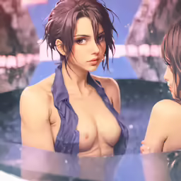 two beautiful women in bikinis are sitting near a counter