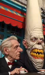 two men sitting in front of a creepy looking sculpture