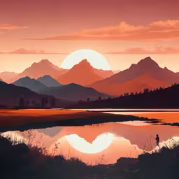 there is a painting of a beautiful sunset by the water,sunset over mountains reflected in small body of water