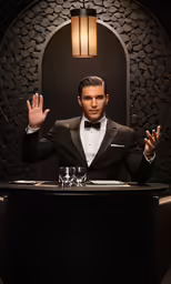 a man in a tuxedo and bow tie is standing behind a black bar with a glass and some wine glasses
