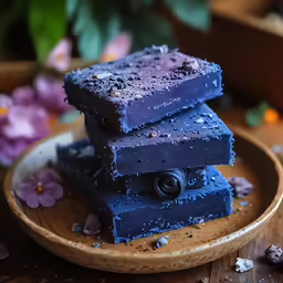 three small, square pieces of blueberry ice cream