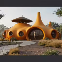 a person is standing near a big yellow house