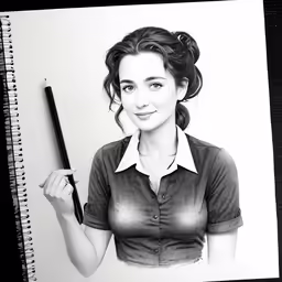 a photo drawn in pencil, of a woman holding a pen