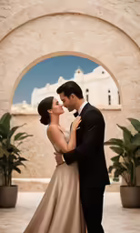 couple smiling while standing in front of arched stone archway