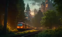 a train traveling through a forest at night,the train is headed out to twilight on the tracks