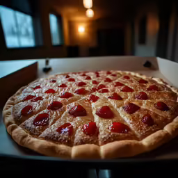 large baked pizza in box on table at restaurant