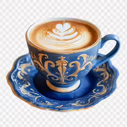the blue and gold cup is on top of the saucer