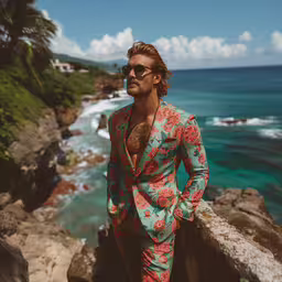 a man in a suit standing next to the ocean,the man is standing next to rocks near the water