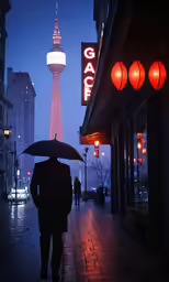 man walking down the street with umbrella under the light post