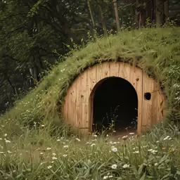 a small wooden shelter with grass growing all over it