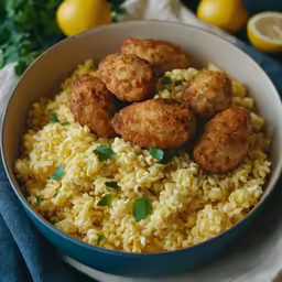 this meal contains rice and meatballs in it
