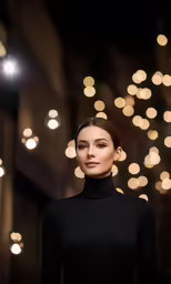 a woman is wearing an elegant black outfit and standing in front of lights