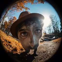 a person with mud paint and a hat on