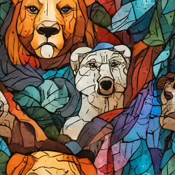 stained glass bears with colorful leaves and drops of water