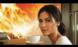 a woman sitting at a table with a cup in front of a wall that has a fire and a cloud