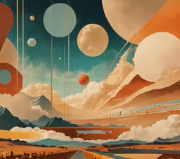art work with different shapes and colors,an artwork image depicts planets with mountains in the background