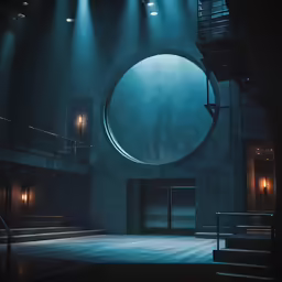 an open stage with a circular window and light from lights