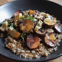 a black plate topped with lots of rice covered in mushrooms