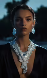 woman in black dress posing with necklace and earrings on