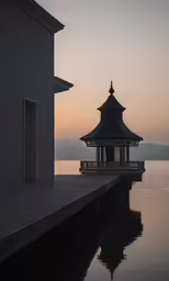 there are two pavilions that can be seen over water