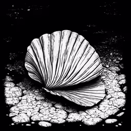 a black and white photo of a shell on a rock