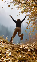 a man is standing in a field covered in leaves