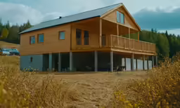 there is a cabin like structure with two stories