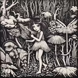 an ink drawing of a girl surrounded by mushrooms