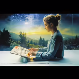 a young woman in blue holding a newspaper