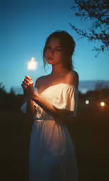 a girl in white is holding a sparkler and looking off to the side