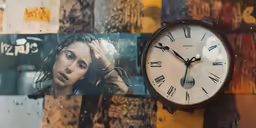 an analog clock has been set against a wall decorated with photos