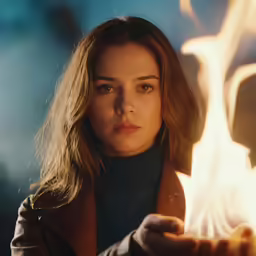the woman is holding a light saber and looking at it