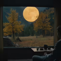 there is a person sitting in front of a window with the moon in the sky above