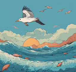 an ocean with birds, waves and clouds,a seagull flying over a large wave with fish in it