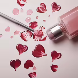 a nail polish bottle next to many broken hearts