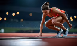 woman crouching down on a track in an athletic outfit
