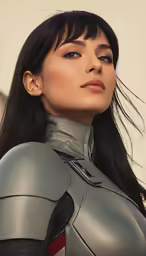 the woman is dressed in grey leather with a hood up