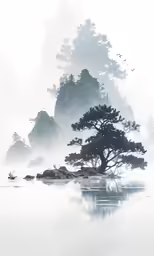 a painting shows a tree on an island in the middle of a large body of water