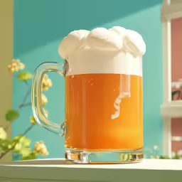 a beer mug is filled with white and brown liquid