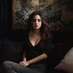 a woman sitting on top of a couch wearing a dress